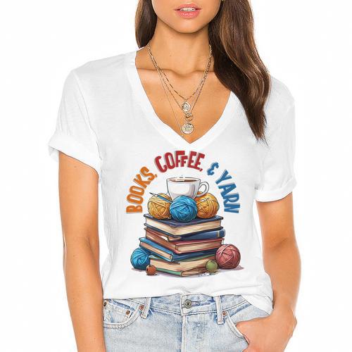 “Books Coffee & Yarn Enthusiast Cozy Reader Women's Jersey Short Sleeve Deep V-Neck Tshirt				 - Bookorys DE