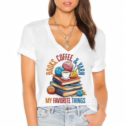 Books Coffee & Yarn Lover My Favorite Things Women's Jersey Short Sleeve Deep V-Neck Tshirt				 - Bookorys AU