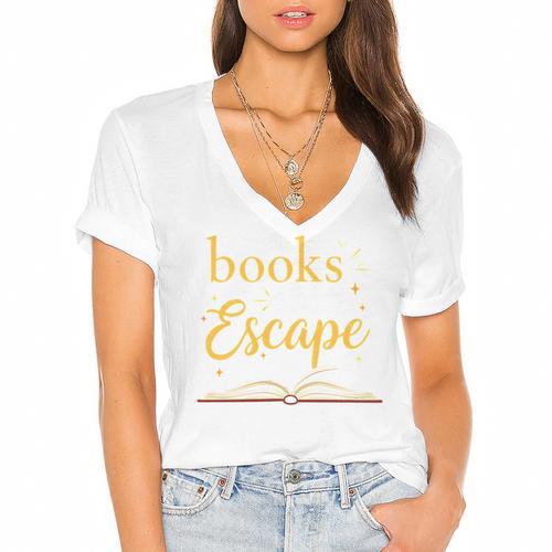 Books Are My Escape Simple Reading Quote Women's Jersey Short Sleeve Deep V-Neck Tshirt				 - Bookorys AU