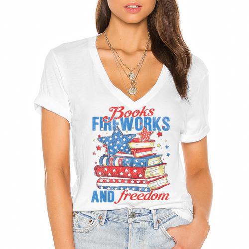 Books Fireworks And Freedom 4th Of July Book Lover Women's Jersey Short Sleeve Deep V-Neck Tshirt				 - Bookorys