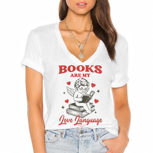 Books Are My LoveLanguage Cupid Valentines Women's Jersey Short Sleeve Deep V-Neck Tshirt				 - Bookorys