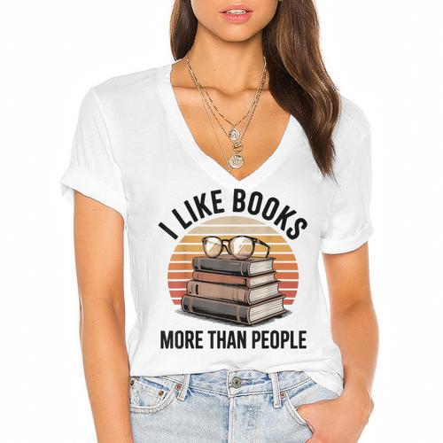 I Like Books More Than People Glasses Women's Jersey Short Sleeve Deep V-Neck Tshirt				 - Bookorys