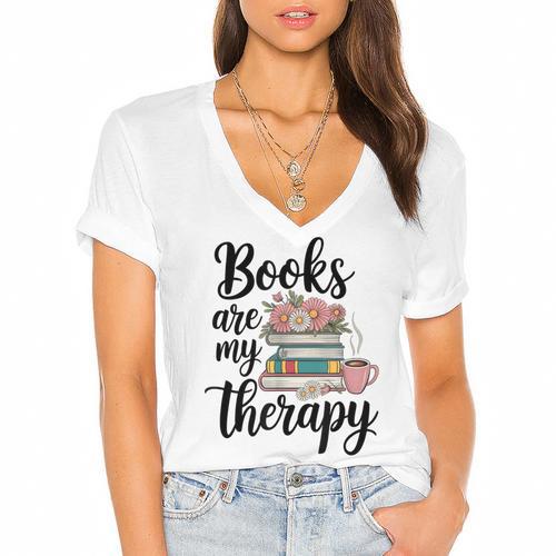 Books Are My Therapy Coffee Books Flowers Bookish Book Lover Women's Jersey Short Sleeve Deep V-Neck Tshirt - Bookorys