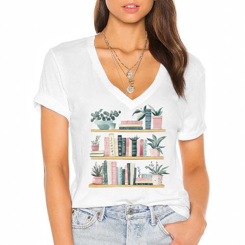 Bookshelves With Books & Plants Premium Women's Jersey Short Sleeve Deep V-Neck Tshirt				 - Bookorys