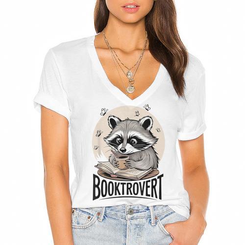 Booktrovert Raccoon Reading And Coffee For Book Lover Women's Jersey Short Sleeve Deep V-Neck Tshirt				 - Bookorys UK