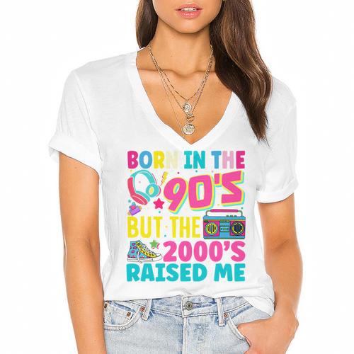 Born In The 90's But The 2000's Raised Me Y2K Nostalgia Women's Jersey Short Sleeve Deep V-Neck Tshirt				 - Figerry