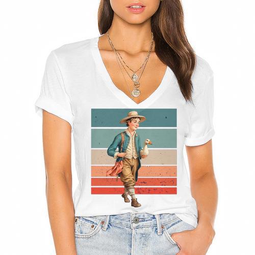 Boy Goose Vintage Rural Pastoral Charm Nostalgia Simple Life Women's Jersey Short Sleeve Deep V-Neck Tshirt				 - Figerry