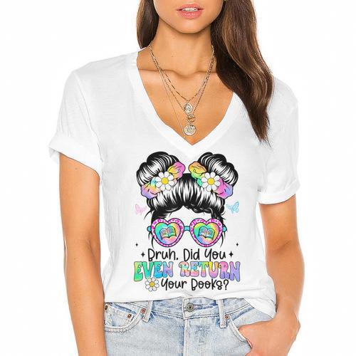 Bruh Return Your Books Reading Library Book Lovers Women's Jersey Short Sleeve Deep V-Neck Tshirt - Bookorys