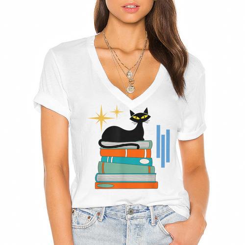Cat And Books Retro Midcentury Mid Century Aesthetic Women's Jersey Short Sleeve Deep V-Neck Tshirt				 - Bookorys CA