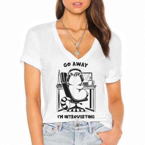 Cat With Coffee On Computer Go Away I'm Introverting Women's Jersey Short Sleeve Deep V-Neck Tshirt				 - Raresse