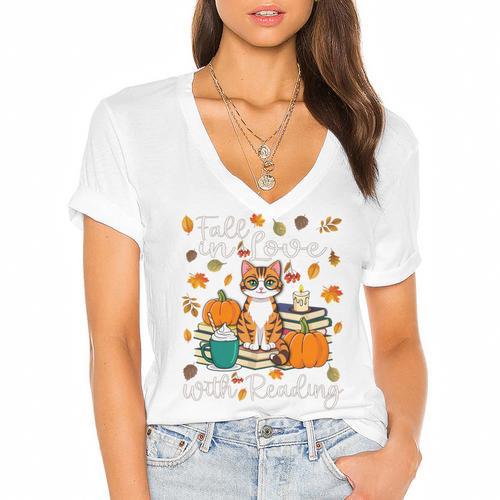 Cat Fall In Love With Reading Book Lover Autumn Women's Jersey Short Sleeve Deep V-Neck Tshirt				 - Bookorys