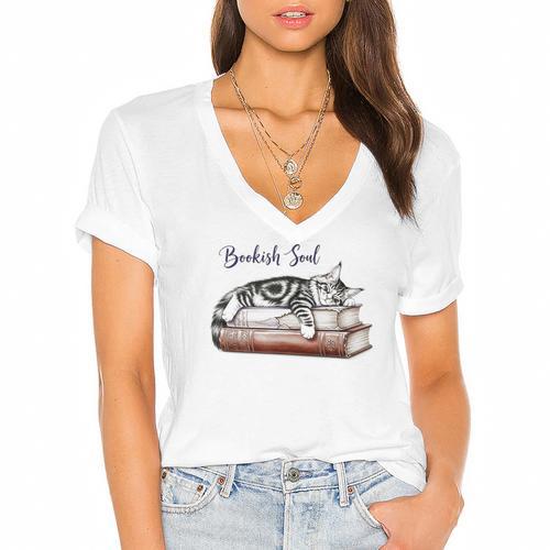 Cat Life Books And Cats Cat Lover Cat Mom Book Lovers Women's Jersey Short Sleeve Deep V-Neck Tshirt				 - Bookorys CA
