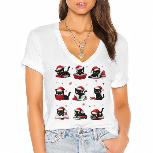 Cat Reading Books Lover Christmas Cat Lover Xmas Women's Jersey Short Sleeve Deep V-Neck Tshirt				 - Bookorys