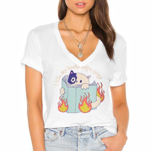 Cat Reading a Romance BookI Like My Books Extra Spicy Women's Jersey Short Sleeve Deep V-Neck Tshirt				 - Bookorys