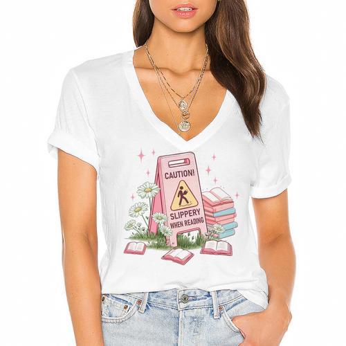 Caution Slippery When Reading Book Reader Women's Jersey Short Sleeve Deep V-Neck Tshirt				 - Bookorys UK