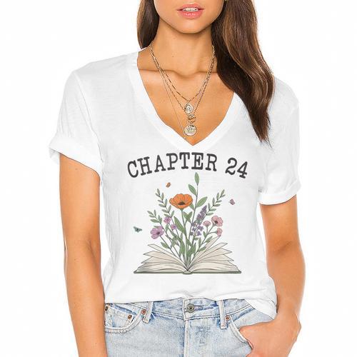 Chapter 24 Book Lovers & Readers 24th Birthday Wildflowers Women's Jersey Short Sleeve Deep V-Neck Tshirt				 - Bookorys