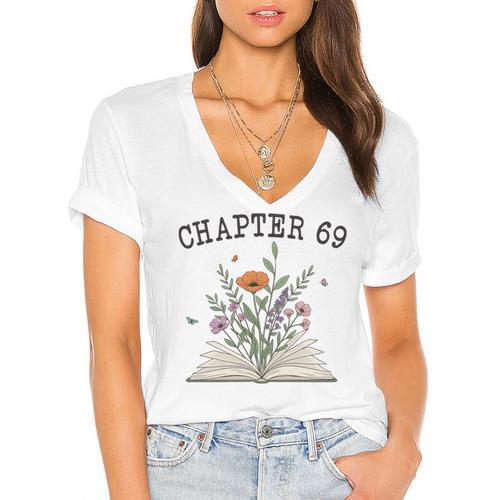 Chapter 69 Book Lovers & Readers 69th Birthday Wildflowers Women's Jersey Short Sleeve Deep V-Neck Tshirt				 - Bookorys CA