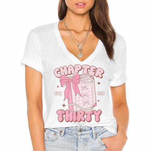 Chapter Thirty Est 1995 Cute 30th Birthday Book Bow Coquette Women's Jersey Short Sleeve Deep V-Neck Tshirt - Bookorys UK
