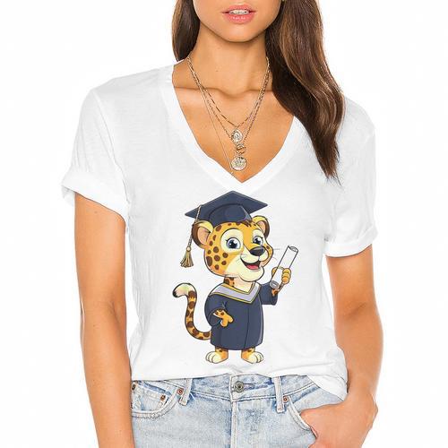 Cheetah Graduation Cute Kindergarten Elementary High School Women's Jersey Short Sleeve Deep V-Neck Tshirt				 - Best Gift Smart