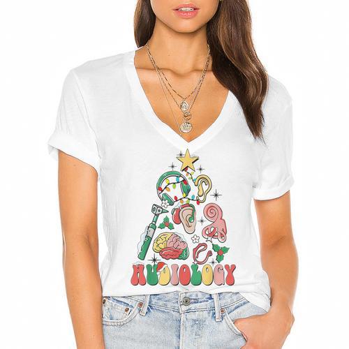 Christmas Audiology Tree Audiology Student Graduation Women's Jersey Short Sleeve Deep V-Neck Tshirt				 - Best Gift Smart