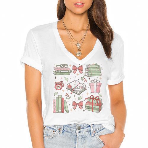 Christmas Book Lover Reading Reader Men Women Kids Xmas Women's Jersey Short Sleeve Deep V-Neck Tshirt				 - Bookorys AU