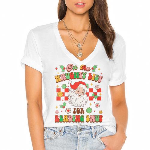 Christmas Smut Book On The Naughty List For Reading Smut Women's Jersey Short Sleeve Deep V-Neck Tshirt				 - Bookorys