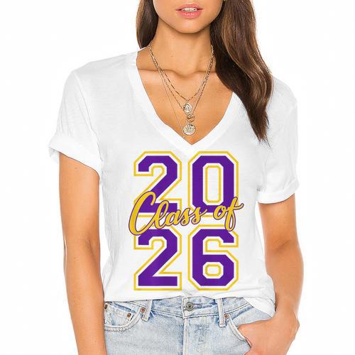 Class Of 2026 Graduation Varsity Purple Yellow On The Back Women's Jersey Short Sleeve Deep V-Neck Tshirt				 - Best Gift Smart