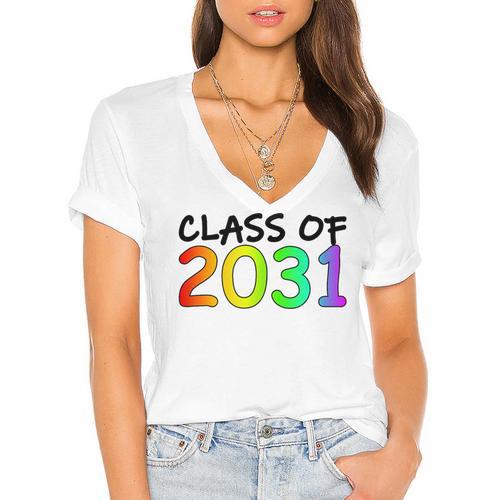 Class Of 2031 Pre-K -12th Grade Hand Prints Space Graduation Women's Jersey Short Sleeve Deep V-Neck Tshirt				 - Best Gift Smart