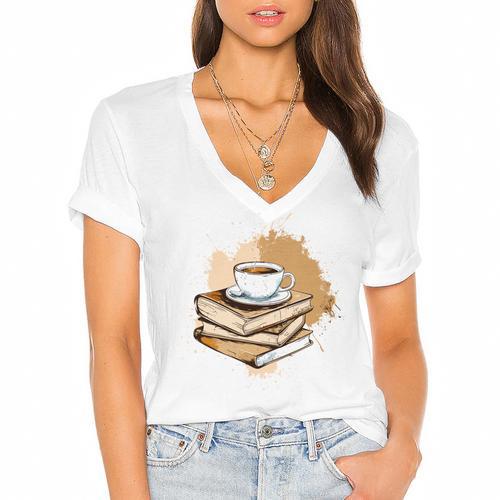 Coffee And Books Adult Books Lover Reading Women's Jersey Short Sleeve Deep V-Neck Tshirt - Bookorys