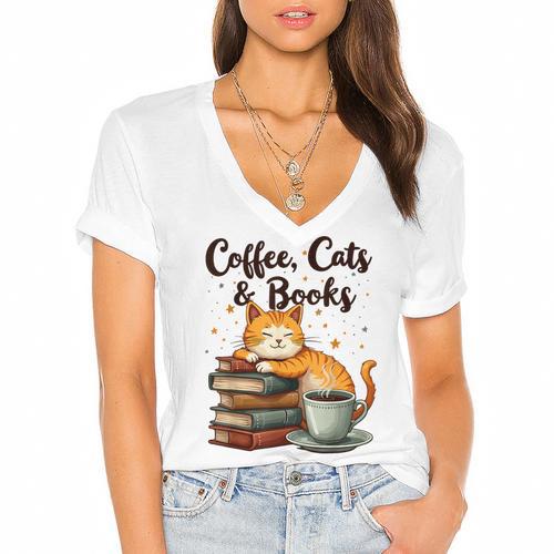 Coffee Cats And Books Lover For Women & Girls Coffee Women's Jersey Short Sleeve Deep V-Neck Tshirt - Bookorys DE