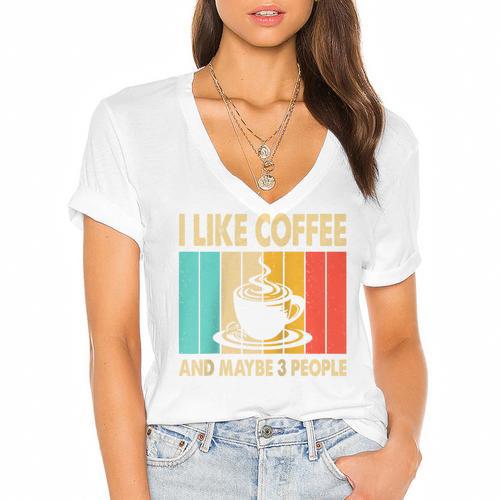 I Like Coffee And Maybe 3 People Introvert Anti-Social Raglan Baseball Tee Women's Jersey Short Sleeve Deep V-Neck Tshirt - Raresse
