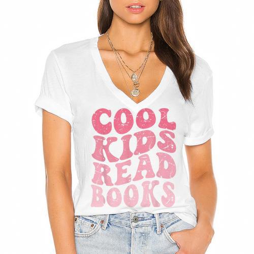 Cool Kids Read Books Library Book Reader Book Nerd Women's Jersey Short Sleeve Deep V-Neck Tshirt				 - Bookorys