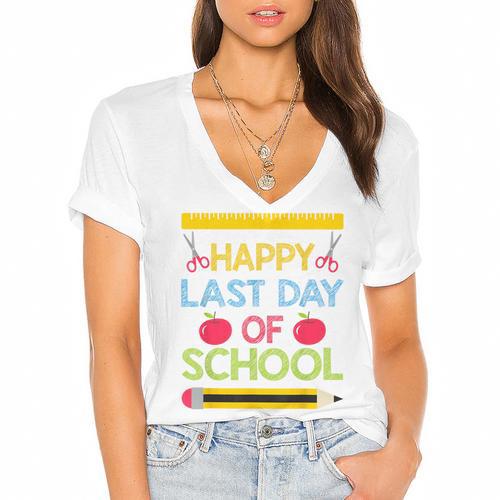 Cool Stylish Happy Last Day Of School Shirt Graduation Women's Jersey Short Sleeve Deep V-Neck Tshirt				 - Best Gift Smart