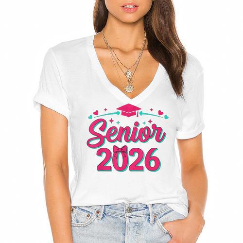 Coquette Pink Bow Senior 2026 Class Of Graduation Women's Jersey Short Sleeve Deep V-Neck Tshirt - Best Gift Smart