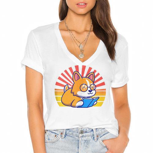 Corgi Dog Reading Book Book Lover Dog Lover Women's Jersey Short Sleeve Deep V-Neck Tshirt				 - Bookorys