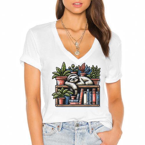 Cosy Sloth In Bookshelf With Plants Women's Jersey Short Sleeve Deep V-Neck Tshirt - Bookorys