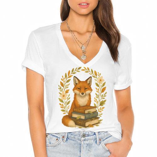 Cottagecore Whimsical Woodland Red Fox Behind Stack Of Books Women's Jersey Short Sleeve Deep V-Neck Tshirt - Bookorys