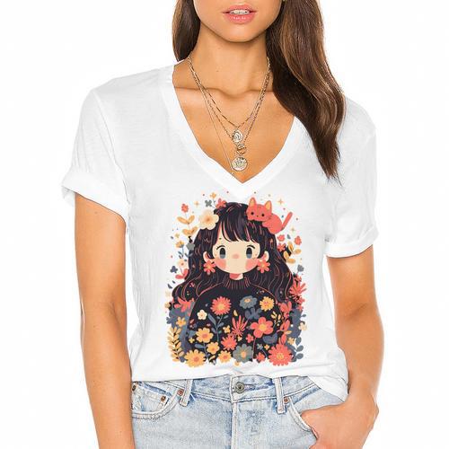 Cottagecore Wild Flowers Book Reader Cat Nature Soft Women's Jersey Short Sleeve Deep V-Neck Tshirt - Bookorys AU