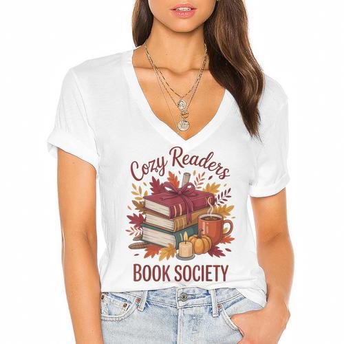 Cozy Readers Book Society Fall Autumn Floral Pumpkin Season Women's Jersey Short Sleeve Deep V-Neck Tshirt				 - Bookorys