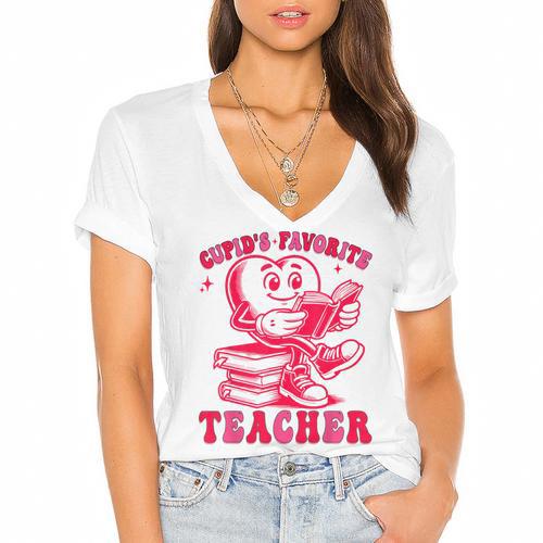 Cupid's Favorite Teacher Valentines Day Heart Book Lover Women's Jersey Short Sleeve Deep V-Neck Tshirt				 - Bookorys DE