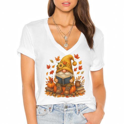 Cute Autumn Gnome Reading Pumpkin Book Lover Women's Jersey Short Sleeve Deep V-Neck Tshirt				 - Bookorys