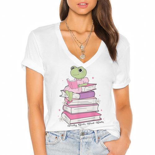 Cute Book Lover Frog Pretty Girls Read Books Kawaii Reading Women's Jersey Short Sleeve Deep V-Neck Tshirt - Bookorys