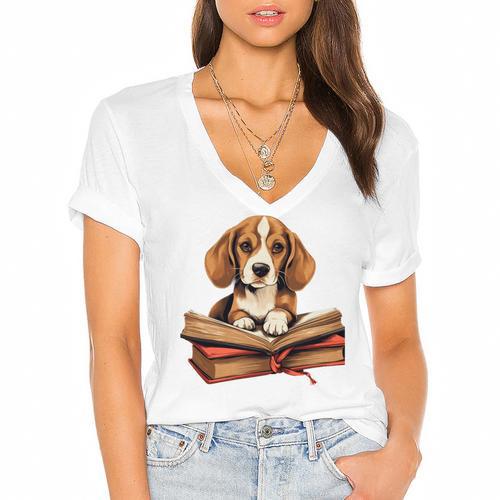 Cute Dog Beagle Reading Book Women's Jersey Short Sleeve Deep V-Neck Tshirt				 - Bookorys AU