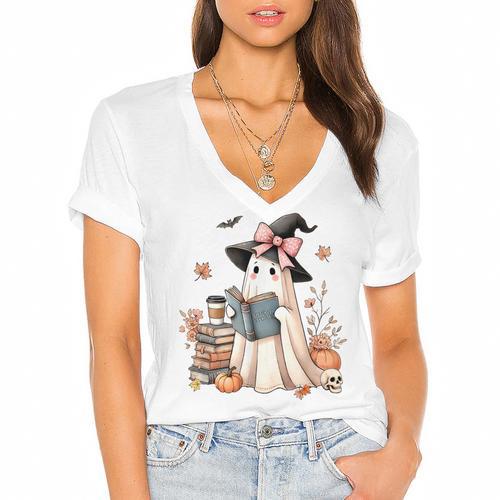 Cute Ghost Reading Book Librarian Book Lover Women's Jersey Short Sleeve Deep V-Neck Tshirt - Bookorys DE