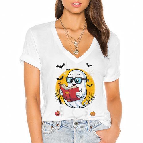 Cute Ghost Reading Book Retro Halloween Librarian Women's Jersey Short Sleeve Deep V-Neck Tshirt				 - Bookorys AU