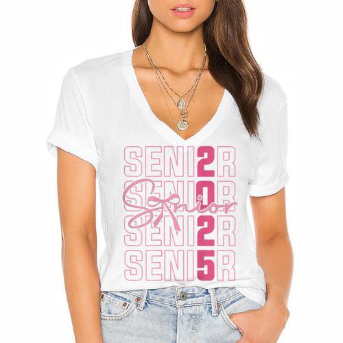 Cute Girls Women Class 2025 Graduation Senior Coquette Bow Women's Jersey Short Sleeve Deep V-Neck Tshirt - Best Gift Smart