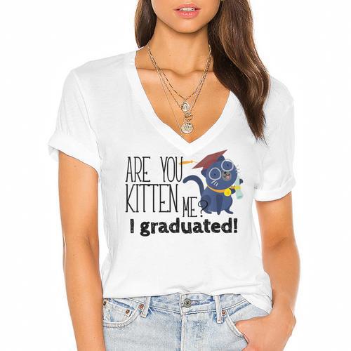 Cute Graduation Cat Masters High School T-Shirt For Men Women Kids Women's Jersey Short Sleeve Deep V-Neck Tshirt				 - Best Gift Smart