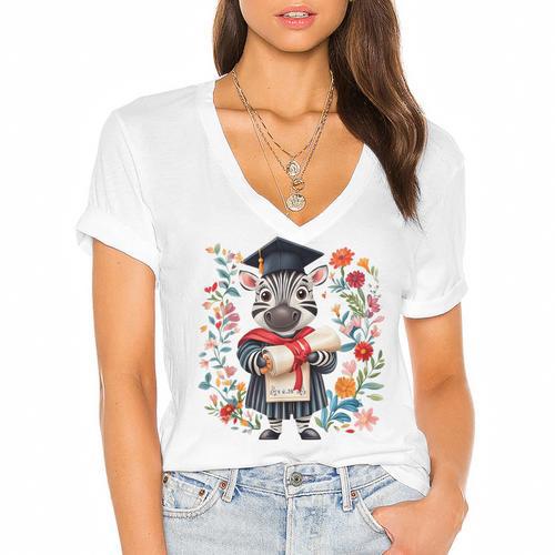 Cute Graduation Zebra Holding Diploma T Shirt Women's Jersey Short Sleeve Deep V-Neck Tshirt				 - Best Gift Smart