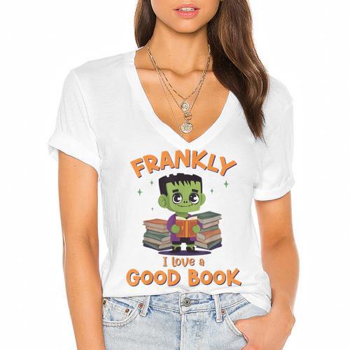 Cute Halloween Teacher Librarian Frankenstein Reading Books Women's Jersey Short Sleeve Deep V-Neck Tshirt				 - Bookorys
