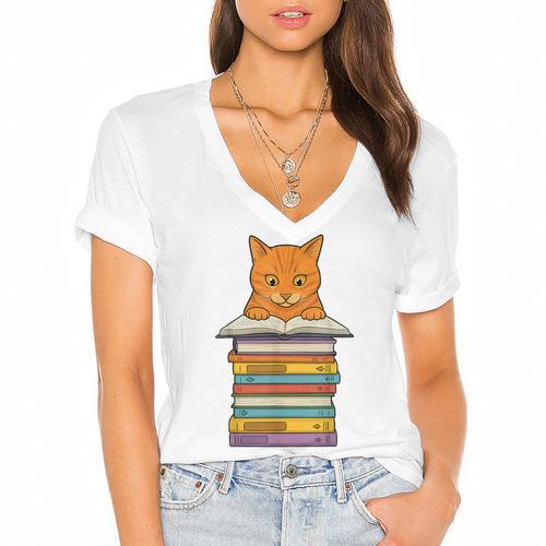 Cute Orange Tabby Cat Reading On Pile Of Books Women's Jersey Short Sleeve Deep V-Neck Tshirt				 - Bookorys DE